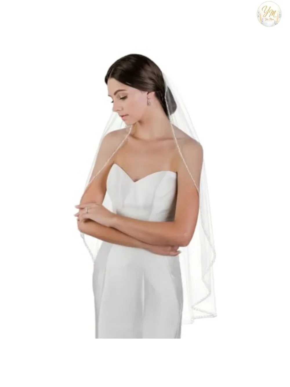 Fingertip Wedding Veil Tulle Hand-Stitched Pearls Crystals Comb